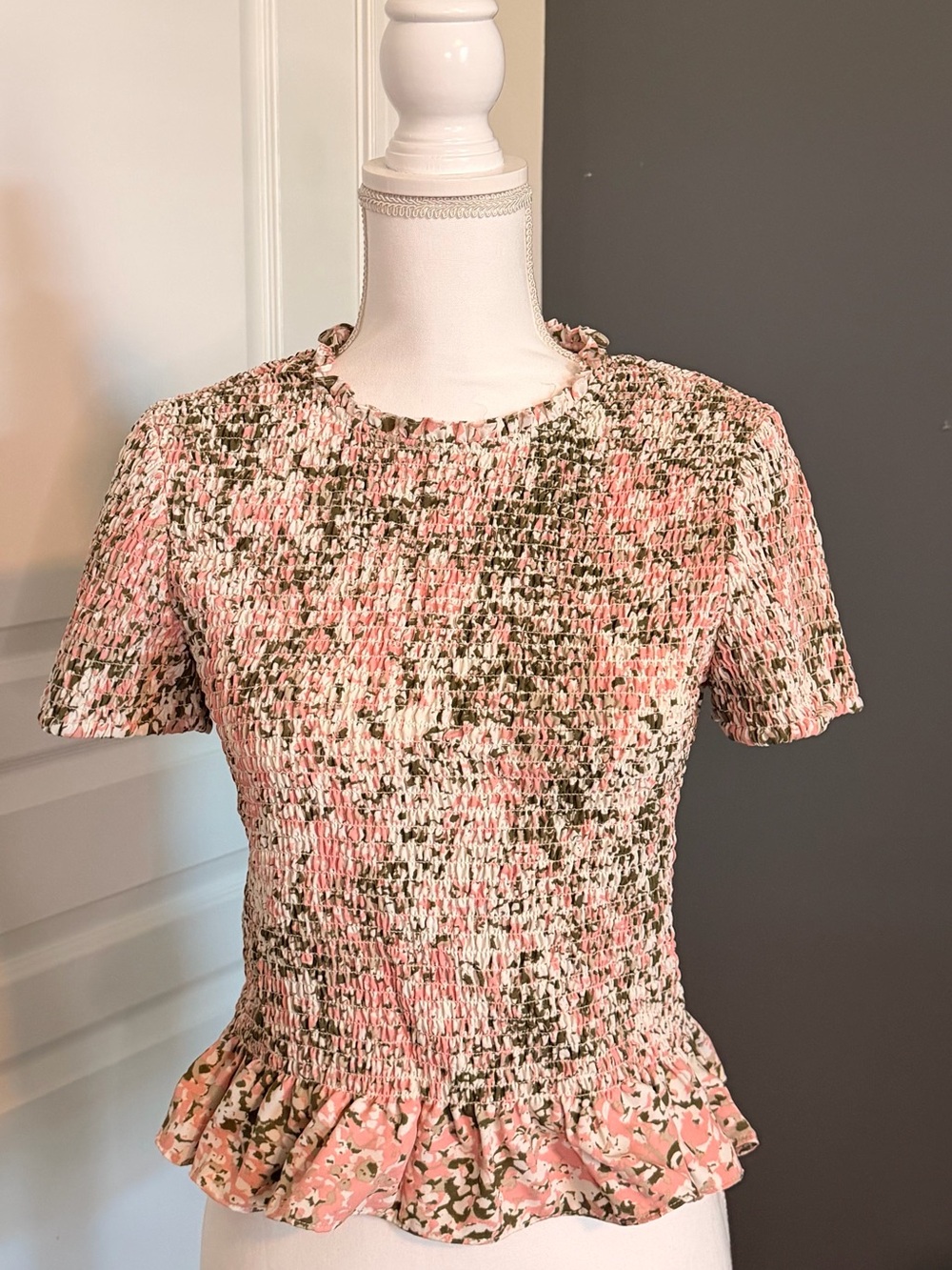 Express Pink and Olive Smocked Floral Top